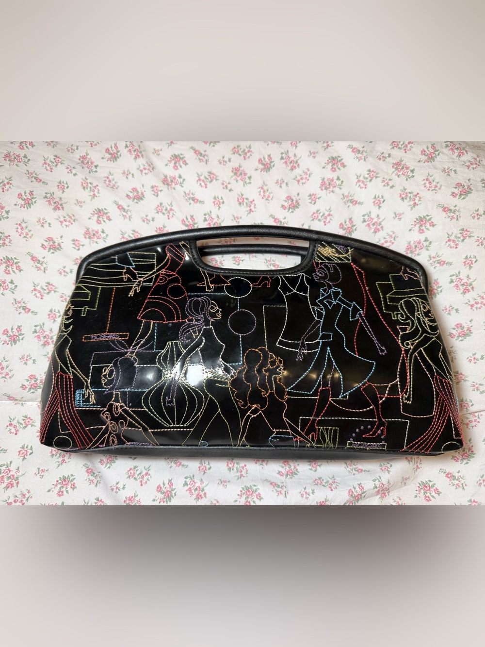 BCBGirls Black Patent Clutch with Multicolor Stitch Figures
